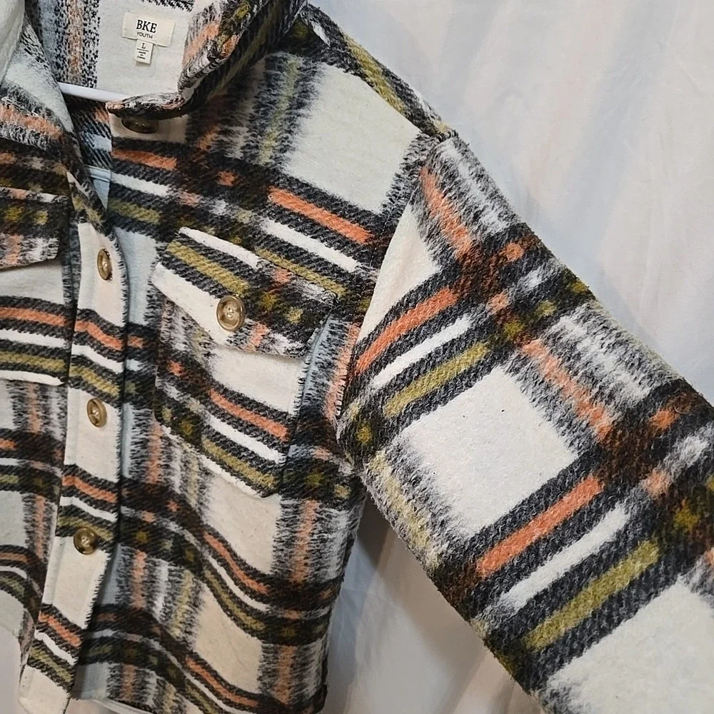 Bke Youth Flannel Shacket Jacket Button-Up Girls Size L White Orange Green Black